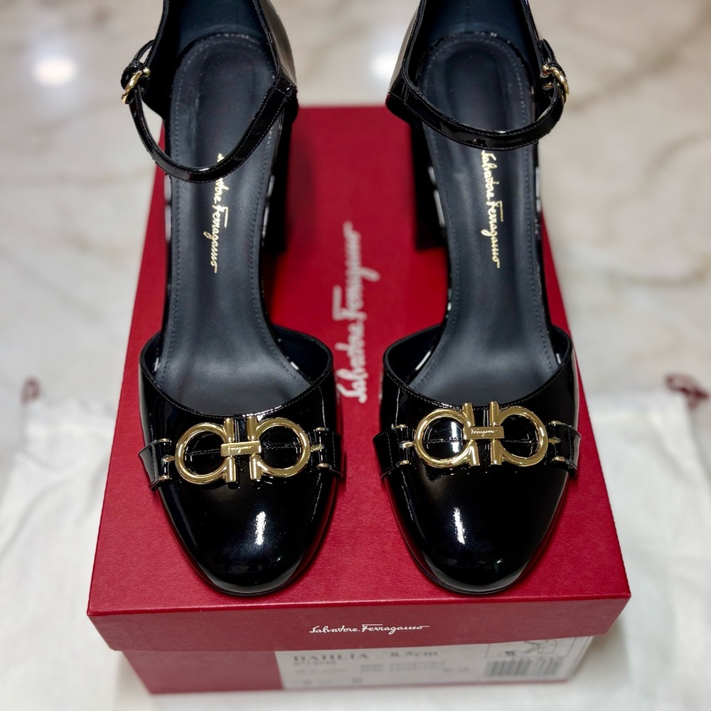 Salvatore Ferragamo Dahlia Gancini Patent Leather Sandals